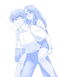 Rule 34 | 1boy, 1girl, bag, blue theme, blush, carrying, clenched teeth, commentary, embarrassed, english commentary, glasses, hachiouji naoto, hair ornament, hairclip, highres, ijiranaide nagatoro-san, long hair, monochrome, nagatoro hayase, nose blush, piggyback, school uniform, shoulder bag, simple background, sweat, teeth, trembling, viperxtr, wavy mouth