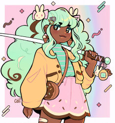 Rule 34 | 1girl, :3, absurdres, aqua hair, aqua shirt, arm at side, artist name, blunt bangs, border, bow, buttons, cowboy shot, curly hair, dark skin, earrings, fingernails, food-themed bag, food-themed clothes, food-themed earrings, hair bow, hair ornament, hairclip, hand up, highres, holding, holding sword, holding weapon, ice cream earrings, jacket, jewelry, katana, long hair, looking at viewer, miniskirt, multicolored hair, open clothes, open jacket, original, outside border, over shoulder, pianta celi, pink background, pink skirt, pocket, rabbit hair ornament, shirt, short eyebrows, sidelocks, simple background, skirt, smug, solo, streaked hair, striped clothes, striped shirt, sword, sword over shoulder, tamagotchi, thick eyebrows, turtleneck, very dark skin, very long hair, weapon, weapon over shoulder, white border, yellow jacket