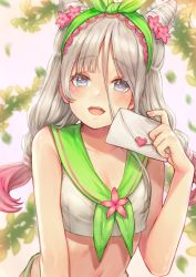 Rule 34 | aloniar, bare arms, blue eyes, bow, breasts, cleavage, flower, gradient hair, grey hair, hair bow, hair flower, hair ornament, hair ribbon, hairband, headband, highres, horns, letter, long hair, looking at viewer, multicolored hair, navel, open mouth, original, pink hair, ribbon, sailor collar, smile, solo, twintails, upper body, valentine
