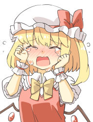 Rule 34 | &gt; &lt;, 1girl, arnest, blonde hair, blush, bow, bowtie, closed eyes, collared shirt, crying, crystal, facing viewer, flandre scarlet, flying teardrops, frilled shirt collar, frilled sleeves, frills, frown, furrowed brow, hands up, hat, hat bow, highres, mob cap, one side up, open mouth, puffy short sleeves, puffy sleeves, red bow, red vest, shirt, short hair, short sleeves, simple background, solo, tears, touhou, upper body, vest, wavy mouth, white background, white hat, white shirt, wings, wiping tears, wrist cuffs, yellow bow, yellow bowtie