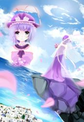 Rule 34 | 1girl, absurdres, alternate costume, alternate eye color, bird, blue sky, blurry, bouquet, bow, breasts, bridal veil, cliff, cloud, commentary request, crying, crying with eyes open, day, depth of field, dress, flower, hat, hat bow, hat ribbon, highres, lens flare, nagae iku, nomi mochigome, ocean, parted lips, petals, projected inset, purple dress, purple eyes, purple hair, ribbon, shawl, short hair, sky, solo, standing, strapless, strapless dress, streaming tears, tears, teeth, touhou, veil, village, wedding, wedding dress, wind