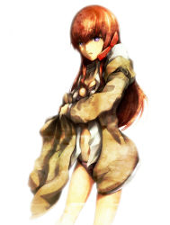 Rule 34 | 1girl, bra, breasts, brown hair, cellphone, cleavage, coat, dressing, highres, long hair, looking at viewer, makise kurisu, medium breasts, open mouth, panties, phone, shirt, simple background, solo, steins;gate, underwear, usamax, white background