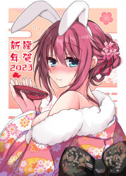 Rule 34 | 1girl, 2023, alcohol, animal ears, back bow, bare shoulders, black bow, blue eyes, blush, bow, breasts, cherry blossom print, chinese zodiac, closed mouth, commentary request, cup, dated, double-parted bangs, eyelashes, eyes visible through hair, fake animal ears, floral print, flower, full-face blush, fur-trimmed kimono, fur trim, hair between eyes, hair flower, hair ornament, hair over shoulder, half updo, hand up, happy new year, highres, holding, holding cup, igarashi kenji, japanese clothes, kimono, large breasts, long hair, long sleeves, looking at viewer, looking back, maniwa roka, mole, mole under eye, nengajou, new year, off shoulder, pink flower, pink kimono, purple hair, rabbit ears, red tassel, sakazuki, sake, senren banka, sideboob, smile, solo, squeans, sweat, tassel, tassel hair ornament, upper body, white fur, wide sleeves, year of the rabbit, yukata