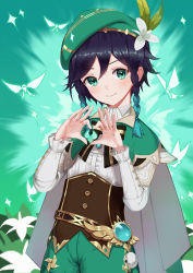 Rule 34 | 1boy, absurdres, androgynous, bad id, bad pixiv id, beret, black hair, blue hair, blush, bow, braid, brooch, bug, butterfly, cavcaz, closed mouth, collared cape, collared shirt, commentary, corset, english commentary, feathers, flower, frilled sleeves, frills, gem, genshin impact, gradient hair, green eyes, green hat, green shorts, hat, hat flower, heart, heart hands, highres, insect, jewelry, leaf, long sleeves, looking at viewer, male focus, multicolored hair, pinwheel, shirt, short hair with long locks, shorts, side braids, sidelocks, smile, solo, twin braids, venti (genshin impact), vision (genshin impact), white flower, white shirt