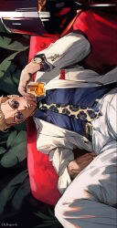 Rule 34 | 1boy, alcohol, animal print, belt, black belt, blonde hair, cup, deltapork, drinking glass, formal, goggles, grey pants, grey suit, highres, holding, holding cup, jujutsu kaisen, leopard print, long sleeves, looking at viewer, male focus, nanami kento, necktie, pants, shirt, shot glass, sideways, sitting, solo, suit, watch, whiskey, wristwatch