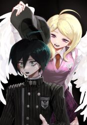 Rule 34 | 1boy, 1girl, :d, ahoge, akamatsu kaede, angel wings, black background, black hair, black jacket, breast pocket, breasts, brown necktie, buttons, collared shirt, danganronpa (series), danganronpa v3: killing harmony, double-breasted, hair between eyes, jacket, large breasts, looking at another, necktie, open mouth, pink eyes, pink vest, pleated skirt, pocket, purple skirt, revision, saihara shuichi, sg (sallgam), shirt, short hair, simple background, skirt, smile, spoilers, striped clothes, striped jacket, teeth, vest, wings