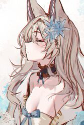 Rule 34 | 1girl, absurdres, animal ears, blonde hair, blue ribbon, breasts, choker, cleavage, closed eyes, closed mouth, coat, euphemia chevalier, flower, frilled choker, frills, from side, gem, hair flower, hair ornament, highres, indie virtual youtuber, light blush, long bangs, long hair, naokomama, off shoulder, parted bangs, ribbon, shirt, sidelocks, simple background, solo, upper body, virtual youtuber, white background, white coat, white shirt