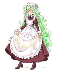 Rule 34 | 1girl, alternate costume, apron, apron lift, boots, brown dress, brown footwear, closed eyes, clothes lift, commentary request, dress, enmaided, flower, frilled apron, frills, green hair, kazami yuuka, long hair, maid, maid apron, maid headdress, s-a-murai, solo, sunflower, touhou, very long hair, white apron, wrist cuffs