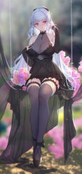 Rule 34 | 1girl, :d, absurdres, animal ears, artist name, black dress, black panties, black thighhighs, blunt bangs, blurry, blurry background, breasts, bright pupils, cleavage, closers, commentary request, day, depth of field, detached sleeves, dress, flower, full body, garter straps, highres, large breasts, long hair, long sleeves, looking at viewer, mirae (closers), open mouth, outdoors, panties, pantyshot, pink eyes, pink flower, pink rose, rose, short dress, silver hair, smile, solo, swd3e2, swing, thighhighs, underwear, upskirt, very long hair, wolf ears