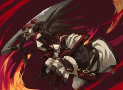Rule 34 | 1boy, arc system works, brown hair, concrete, fire, gloves, guilty gear, headband, kishibe, long hair, male focus, muscular, order-sol, order sol, sol badguy, solo, sword, weapon