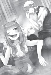 Rule 34 | 1boy, 1girl, ;d, animal ears, ayakura juu, breasts, cleavage, closed eyes, clothed male nude female, craft lawrence, greyscale, hair censor, holding, holding letter, holo, letter, long hair, mixed-sex bathing, monochrome, mouth hold, navel, novel illustration, nude, official art, one eye closed, onsen, open mouth, partially submerged, shared bathing, shirt, sideboob, sitting, small breasts, smile, spice and wolf, tail, water, wolf ears, wolf tail