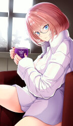 1girl absurdres black-framed_eyewear blue_eyes blush breasts collared_shirt cup disposable_cup glasses highres holding holding_cup hololive large_breasts looking_at_viewer mug nail_polish pink_hair red_nails shirt short_hair solo takane_lui virtual_youtuber white_shirt yappy_(yapis_company)