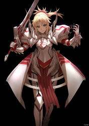 Rule 34 | 1girl, aqua eyes, armor, black background, blonde hair, clarent (fate), famepeera, fate/apocrypha, fate (series), gauntlets, highres, holding, holding sword, holding weapon, long hair, looking at viewer, mordred (fate), mordred (fate/apocrypha), ponytail, simple background, smile, solo, sword, weapon