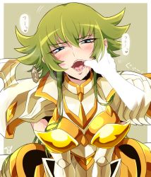 Rule 34 | 10s, 1girl, arai nobu, armor, brown background, fang, finger in another&#039;s mouth, gallia (saint seiya omega), green hair, long hair, mouth pull, open mouth, oral invitation, saint seiya, saint seiya omega, saliva, solo focus