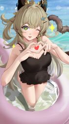 Rule 34 | 1girl, ;d, absurdres, animal ear fluff, animal ears, bare shoulders, black one-piece swimsuit, breasts, cat ears, cleavage, commentary request, covered navel, genshin impact, green eyes, grey hair, haerge, heart, heart hands, highres, innertube, kirara (genshin impact), lens flare, long hair, looking at viewer, medium breasts, one-piece swimsuit, one eye closed, open mouth, smile, solo, standing, standing on one leg, swim ring, swimsuit, thighs, wading, water