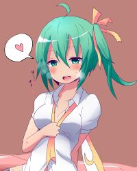 Rule 34 | 1girl, ahoge, blush, collarbone, daiyousei, fairy wings, female focus, green eyes, green hair, heart, heavy breathing, highres, kuromu (underporno), matching hair/eyes, open mouth, puffy sleeves, short hair, short sleeves, side ponytail, solo, spoken heart, touhou, undressing, wings