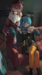 Rule 34 | 2girls, absurdres, ahoge, black dress, blue eyes, blue hair, blue jacket, boots, breasts, corset, couch, crossed legs, dress, drinking straw, drinking straw in mouth, flower, gloves, guitar, hair between eyes, hair flower, hair ornament, hair ribbon, hat, highres, holding, hololive, hoshimachi suisei, hoshimachi suisei (streetwear), indoors, instrument, jacket, juice box, leaning forward, long hair, long sleeves, looking at viewer, multiple girls, on couch, open clothes, open jacket, orange pantyhose, pantyhose, pink hair, puffy long sleeves, puffy sleeves, red skirt, ribbon, sakura miko, sakura miko (casual), simple background, skirt, standing, tadanotarosuke, virtual youtuber, wooden floor