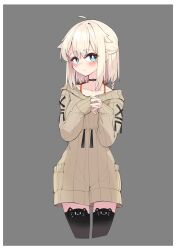 Rule 34 | 1girl, blonde hair, blue eyes, blush, cevio, choker, collarbone, highres, looking to the side, medium hair, one (cevio), own hands together, ribbed sweater, sleeves past wrists, solo, sweater, thighhighs, zooanime