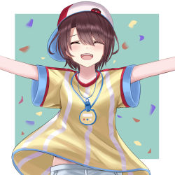 Rule 34 | 1girl, :d, ^ ^, backwards hat, baseball cap, blush, breasts, brown hair, brown shirt, closed eyes, commentary, confetti, facing viewer, green background, hair over one eye, hat, highres, hololive, natsuki (natukituki), oozora subaru, oozora subaru (1st costume), open mouth, outstretched arms, shirt, short sleeves, shorts, small breasts, smile, solo, stopwatch, striped clothes, striped shirt, two-tone background, vertical-striped clothes, vertical-striped shirt, virtual youtuber, watch, white background, white hat, white shorts, wide sleeves