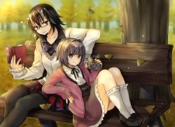 Rule 34 | 2girls, :t, alternate costume, baked potato, bespectacled, black hair, black legwear, book, bow, bowtie, cardigan, casual, commentary request, cone horns, contemporary, eating, food, forest, ginkgo tree, glasses, horns, kijin seija, leaning on person, long sleeves, mimoto (aszxdfcv), multiple girls, nature, open cardigan, open clothes, open mouth, pantyhose, purple bow, purple eyes, purple hair, red eyes, roasted sweet potato, shirt, short hair, sitting, skirt, skirt set, sukuna shinmyoumaru, sweet potato, touhou, tree