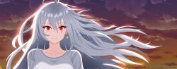 Rule 34 | 1girl, absurdres, antenna hair, breasts, closed mouth, cloud, cloudy sky, collarbone, earrings, grey hair, hair between eyes, highres, incredibly absurdres, jewelry, large breasts, light smile, long hair, long sleeves, looking at viewer, orange sky, original, outdoors, portrait, red eyes, scar, scar across eye, shirt, sky, smile, solo, upper body, white shirt, yissou art