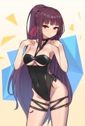 Rule 34 | 1girl, bare shoulders, black one-piece swimsuit, blush, breasts, clothing cutout, collarbone, contrapposto, girls&#039; frontline, hair ribbon, hands on own shoulders, highres, long hair, looking at viewer, manme, medium breasts, official alternate costume, one-piece swimsuit, ponytail, purple hair, red eyes, ribbon, skindentation, solo, standing, swimsuit, underboob, underboob cutout, very long hair, wa2000 (girls&#039; frontline), wa2000 (op. manta ray) (girls&#039; frontline)