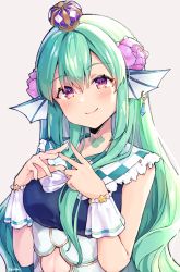 Rule 34 | 1girl, absurdres, artist name, blush, breasts, checkered clothes, checkered neckwear, clothing cutout, collar, crown, earrings, finana ryugu, fingers together, fins, fish girl, flower, frilled collar, frills, green hair, hair between eyes, hair flower, hair ornament, head fins, highres, jewelry, lazulight, long hair, looking at viewer, medium breasts, mini crown, navel cutout, neck tattoo, nijisanji, nijisanji en, purple eyes, purple flower, sailor collar, seion, simple background, single earring, smile, solo, tattoo, upper body, virtual youtuber, white background, white wrist cuffs, wrist cuffs