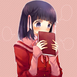 1girl black_hair blush book covering_face covering_own_mouth covering_privates female_focus hair_ribbon kami_nomi_zo_shiru_sekai long_sleeves purple_eyes ri_(ls_35) ribbon school_uniform serafuku shiomiya_shiori short_hair sleeves_past_wrists solo