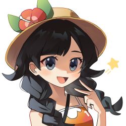 Rule 34 | :d, black hair, blue eyes, blush, braid, breasts, brown hat, camisole, commentary, creatures (company), flower, game freak, hair over shoulder, hand up, hat, hat flower, highres, long hair, looking at viewer, low twintails, luliko253, nintendo, open mouth, orange camisole, pokemon, pokemon usum, red flower, selene (pokemon), simple background, small breasts, smile, star (symbol), twin braids, twintails, upper body, v, white background