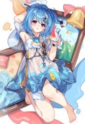 Rule 34 | 1girl, :o, absurdres, arm up, armband, armpits, artist name, bare legs, barefoot, bell, blue hair, blush, chinese commentary, commentary request, dress, griseo, griseo (starry impression), guzangnanfeng, highres, holding, holding brush, honkai (series), honkai impact 3rd, looking at viewer, navel, open mouth, paint splatter, paintbrush, painting (object), purple eyes, see-through, see-through dress, short hair, simple background, white background, white dress