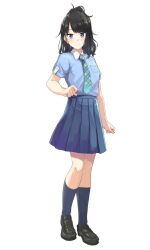 Rule 34 | 1girl, black footwear, black hair, blue eyes, blue shirt, blue skirt, blue socks, blush, breast pocket, byougaku, checkered necktie, clenched hand, commentary request, cosplay, flat chest, full body, green necktie, hand up, highres, idolmaster, idolmaster million live!, idolmaster shiny colors, kazano hiori, legs, long hair, looking at viewer, makabe mizuki, makabe mizuki (cosplay), necktie, parted bangs, pleated skirt, pocket, ponytail, school uniform, shirt, shoes, short sleeves, skirt, smile, socks, solo, standing, tsurime, white background, wing collar