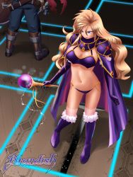 Rule 34 | 1boy, 1girl, ahoge, ares toraernos, armor, bikini, bikini armor, blonde hair, blue eyes, blue pants, boots, brandish, breasts, brown gloves, cape, cleavage, closed mouth, commentary request, copyright name, crack, cracked floor, dela delon, elbow gloves, electricity, fingerless gloves, floor, full body, fur-trimmed boots, fur trim, gloves, hair between eyes, highres, holding, holding shield, holding staff, holding sword, holding weapon, k2000, knee boots, leather, leather boots, lipstick, long hair, looking down, lower body, makeup, midriff, navel, out of frame, pants, purple bikini, purple cape, purple footwear, purple gloves, shadow, shield, shoulder armor, sidelocks, solo focus, staff, standing, standing on one leg, swimsuit, sword, trap door, wavy hair, weapon, witch