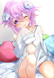 Rule 34 | 1girl, bimmy, blush, d-pad, d-pad hair ornament, hair between eyes, hair ornament, highres, looking at viewer, neptune (neptunia), neptune (series), no bra, off shoulder, on bed, one eye closed, pink eyes, pink hair, shirt, short hair, sitting, smile, solo, tongue, tongue out