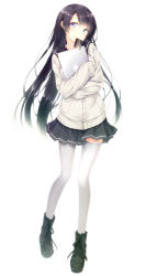 Rule 34 | 1girl, :&gt;, black hair, blue eyes, boots, cardigan, computer, from as, green eyes, heterochromia, highres, kizu aina, laptop, long hair, luna lia, mouth hold, hugging object, pleated skirt, school uniform, serafuku, skirt, sleeves past wrists, smile, solo, thighhighs, very long hair, white thighhighs