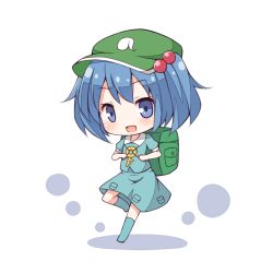 Rule 34 | 1girl, backpack, bag, blue hair, blush, boots, chibi, full body, hat, kawashiro nitori, open mouth, pocket, rubber boots, shichikaku, short hair, short sleeves, short twintails, simple background, skirt, skirt set, smile, solo, touhou, twintails, two side up, white background