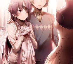 Rule 34 | 1boy, 1girl, amputee, aran sweater, argyle, argyle clothes, argyle sweater, bad id, bad pixiv id, blush, brown hair, cable knit, casual, couple, dress, dsmile, eyepatch, hand on another&#039;s shoulder, head out of frame, hetero, long hair, mannequin, mirai nikki, nishijima masumi, purple eyes, purple hair, spoilers, sweater, uryuu minene