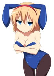 Rule 34 | 1girl, alice margatroid, alternate costume, animal ears, bad id, bad pixiv id, bare arms, bare shoulders, black pantyhose, blonde hair, blue eyes, breasts, cleavage, closed mouth, collarbone, commentary, covering privates, covering breasts, cowboy shot, enushi (toho193), fake animal ears, frown, glaring, hair between eyes, hairband, highres, leaning forward, leotard, looking at viewer, medium breasts, pantyhose, playboy bunny, rabbit ears, red hairband, scowl, short hair, simple background, solo, standing, thighs, touhou, v-shaped eyebrows, white background
