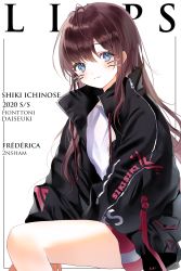 Rule 34 | 1girl, 2sham, :3, bad id, bad pixiv id, between legs, black jacket, blue eyes, blush, brown hair, character name, closed mouth, commentary, drawn whiskers, eyebrows hidden by hair, hair between eyes, hand between legs, highres, ichinose shiki, idolmaster, idolmaster cinderella girls, jacket, lipps (idolmaster), long hair, long sleeves, looking at viewer, open clothes, open jacket, puffy long sleeves, puffy sleeves, shirt, signature, simple background, sitting, solo, very long hair, white background, white shirt