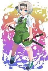 Rule 34 | &gt;:(, 1girl, adapted costume, ascot, holding behind back, belt, belt buckle, black ribbon, blue eyes, blunt bangs, buckle, closed mouth, collared shirt, eyebrows, frown, full body, green footwear, green shorts, green vest, hair ribbon, hairband, holding, katana, konpaku youmu, looking at viewer, multicolored background, pigeon-toed, ribbon, scabbard, serious, sheath, sheathed, shirt, shoes, short hair, short sleeves, shorts, silver hair, sneakers, solo, standing, sword, tassel, touhou, uumaru1869, v-shaped eyebrows, vest, wakizashi, weapon, wing collar