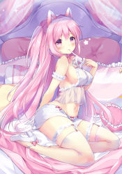 Rule 34 | 1girl, absurdres, animal ears, bare shoulders, bed, blush, breasts, canopy bed, daefny, fake animal ears, garter straps, glove pull, gloves, high heels, highres, large breasts, lingerie, long hair, looking at viewer, miniskirt, navel, original, pillow, pink eyes, pink hair, see-through, side ponytail, sideboob, sitting, skirt, smile, socks, solo, sparkle, thighhighs, underwear, white socks