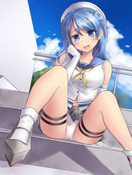 Rule 34 | 10s, 1girl, :d, arm support, blue eyes, blue hair, blue sky, blush, breasts, buttons, cloud, collarbone, crotch seam, day, double bun, dutch angle, eyebrows, gloves, hair between eyes, hair bun, hat, head tilt, highres, kantai collection, long hair, looking at viewer, matching hair/eyes, miniskirt, navel, neit ni sei, open mouth, panties, pantyshot, pleated skirt, railing, rudder footwear, school uniform, serafuku, shoes, sitting, sitting on stairs, skirt, sky, sleeves rolled up, smile, solo, stairs, thigh strap, underwear, upskirt, urakaze (kancolle), white gloves, white hat, white panties