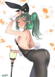 Rule 34 | 10s, 1girl, ;), alternate costume, animal ears, arm up, artist name, ass, backless outfit, bare back, bare shoulders, black pantyhose, bow, breasts, fake animal ears, hair bow, hair ornament, hair ribbon, kantai collection, leaning, leaning forward, leotard, long hair, looking at viewer, one eye closed, pantyhose, playboy bunny, ponytail, rabbit ears, rabbit tail, ribbon, sensen, sideboob, smile, solo, staff, tail, white background, wrist cuffs, yuubari (kancolle)