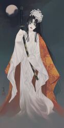 Rule 34 | 1girl, black hair, cloak, commentary request, floral print, flower, fog, full body, full moon, grey background, grey eyes, hair flower, hair ornament, hair over eyes, head tilt, highres, holding, holding sword, holding weapon, japanese clothes, katana, kimono, long hair, long sleeves, looking at viewer, moon, orange cloak, original, parted lips, print cloak, red cloak, seal impression, sheath, sheathed, sidelocks, signature, sleeves past fingers, sleeves past wrists, solo, standing, sword, ushiyama ame, very long hair, weapon, white flower, white kimono, wide sleeves