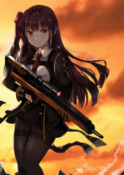 Rule 34 | 1girl, black gloves, black pantyhose, blush, breasts, brown hair, bullpup, buttons, closed mouth, cropped jacket, double-breasted, evening, girls&#039; frontline, gloves, gun, hair ribbon, high-waist skirt, holding, holding gun, holding weapon, long hair, long sleeves, looking at viewer, lunacats, medium breasts, necktie, one side up, outdoors, panties, panty peek, pantyhose, purple eyes, red necktie, red ribbon, ribbon, rifle, scope, sidelocks, skirt, sniper rifle, solo, thighband pantyhose, thighs, trigger discipline, underwear, upskirt, wa2000 (girls&#039; frontline), walther, walther wa 2000, weapon, wind, wind lift