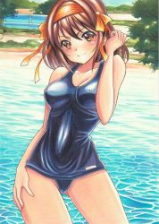 Rule 34 | 1girl, blue one-piece swimsuit, blush, breasts, brown eyes, brown hair, cameltoe, cleavage, closed mouth, collarbone, contrapposto, covered erect nipples, day, hair between eyes, hair ribbon, hairband, long hair, looking at viewer, marker (medium), medium breasts, one-piece swimsuit, outdoors, ribbon, school swimsuit, smile, solo, standing, suzumiya haruhi, suzumiya haruhi no yuuutsu, swimsuit, tomoeri, traditional media, wading, yellow hairband, yellow ribbon