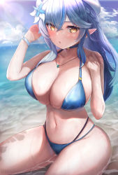 Rule 34 | 1girl, :o, ahoge, bad id, bad pixiv id, beret, bikini, blue hair, blush, breasts, cleavage, elf, flower, hair between eyes, hair ornament, half updo, hat, highres, hololive, huge breasts, jewelry, large breasts, long hair, looking at viewer, md5 mismatch, mochitsuki karen, multicolored hair, necklace, pointy ears, resolution mismatch, sitting, solo, source smaller, streaked hair, swimsuit, thick thighs, thighs, virtual youtuber, wet, yellow eyes, yukihana lamy