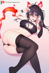 Rule 34 | 1girl, animal ears, ass, black bra, black gloves, black hair, black panties, black thighhighs, blush, bra, breasts, cameltoe, cat cutout, cat ears, cat lingerie, cat tail, cleavage cutout, cleft of venus, clothing cutout, elbow gloves, en&#039;en no shouboutai, fang, fiery ears, fiery tail, fingerless gloves, fire, gloves, hair between eyes, large breasts, looking at viewer, lying, meme attire, nanoless, open mouth, panties, patreon username, simple background, single elbow glove, solo, tail, tamaki kotatsu, thighhighs, twintails, underwear, variant set, yellow eyes