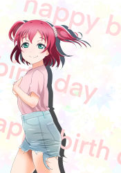Rule 34 | 1girl, aqua eyes, artist name, artist request, blue pants, blush, collared shirt, female focus, green eyes, hair between eyes, hair ornament, hair scrunchie, highres, kurosawa ruby, looking at viewer, love live!, love live! sunshine!!, pants, parted lips, pink shirt, pontya (enanthate), red hair, scrunchie, shirt, short hair, smile, solo, striped clothes, striped scrunchie, twintails, white background, white scrunchie
