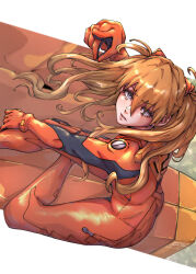 Rule 34 | 1girl, ass, blue eyes, bodysuit, brown hair, chuckuddin, hair ornament, highres, index finger raised, interface headset, long hair, looking at viewer, neon genesis evangelion, plugsuit, red bodysuit, shiny clothes, simple background, sitting, solo, souryuu asuka langley, very long hair