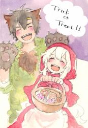 Rule 34 | !, !!, 1boy, 1girl, :d, ^ ^, animal ears, animal hands, basket, blush, bow, candy, claws, closed eyes, collared dress, commentary request, cookie, cosplay, double-parted bangs, dress, english text, facing viewer, fangs, food, green jumpsuit, grey fur, grey hair, hair between eyes, highres, holding, holding basket, hood, hood down, hood up, hooded jumpsuit, jumpsuit, kagerou project, kozakura marry, little red riding hood, little red riding hood (grimm), little red riding hood (grimm) (cosplay), lollipop, long bangs, long hair, mekakucity actors, open mouth, pastel colors, pawpads, purple background, red bow, red dress, red hood, sakusakusakuran, seto kousuke, short hair, sidelocks, sleeves past elbows, sleeves rolled up, smile, sweets, teeth, traditional media, two-tone dress, upper body, upper teeth only, wavy hair, white background, white dress, white hair, wolf ears